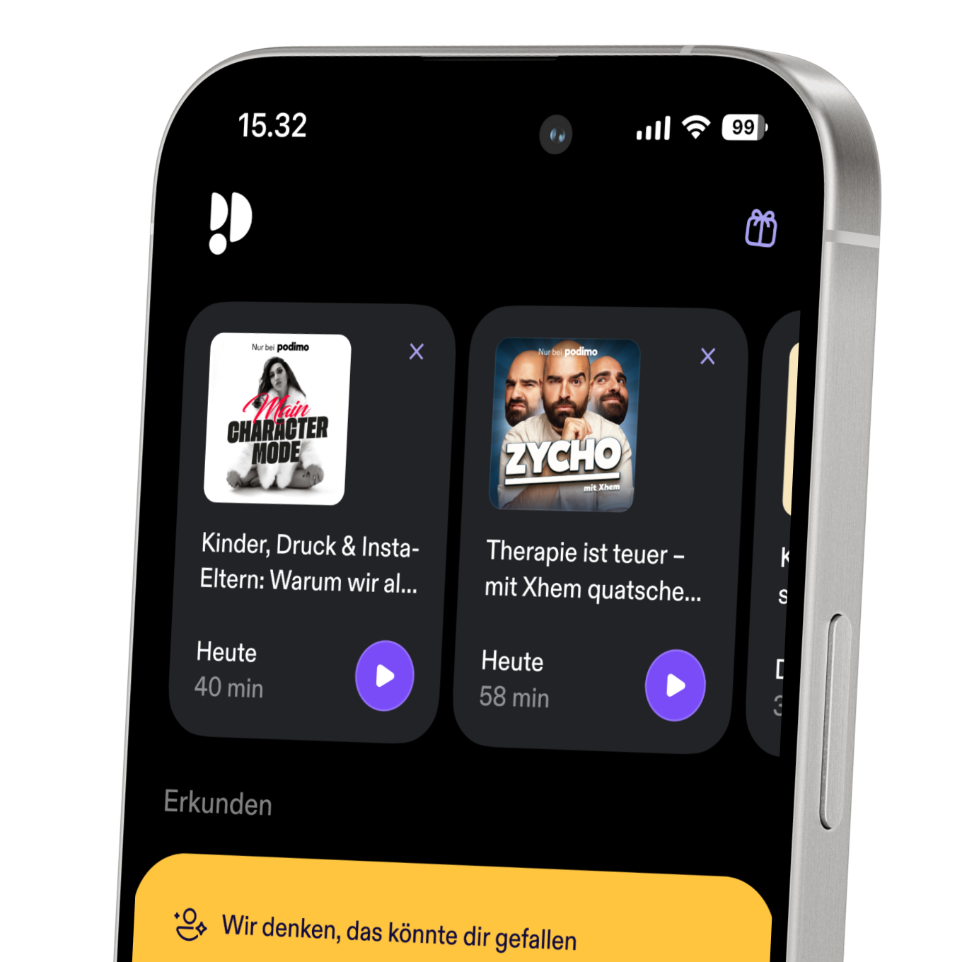 Handybildschirm mit geöffneter Podimo-Anwendung