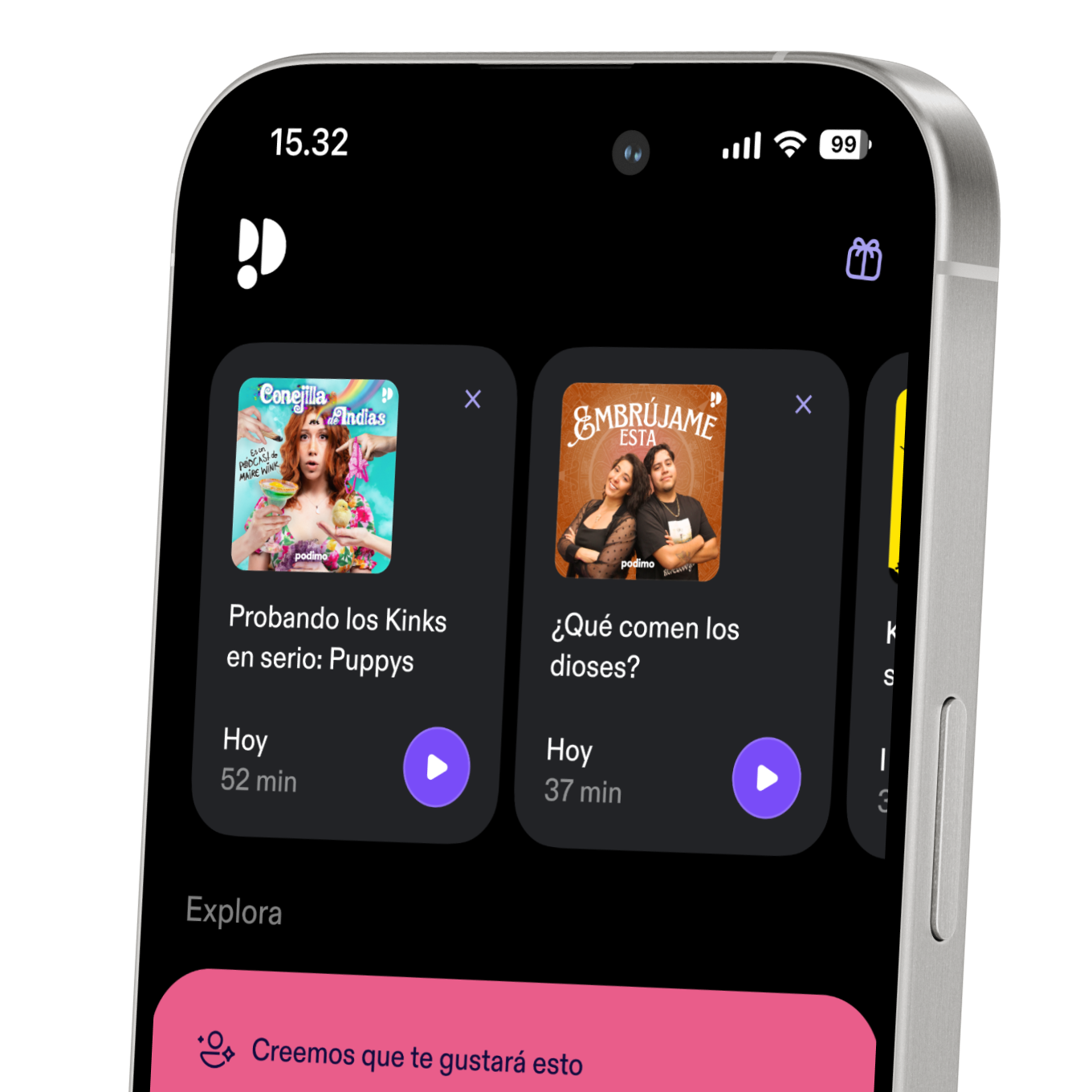 Pantalla de teléfono móvil con la aplicación Podimo abierta