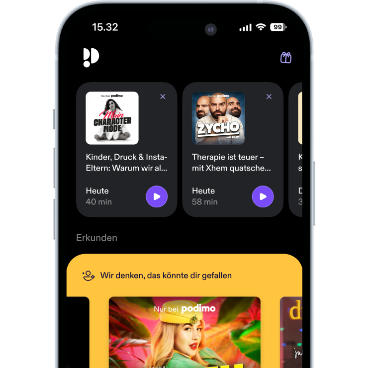 Handybildschirm mit geöffneter Podimo-Anwendung