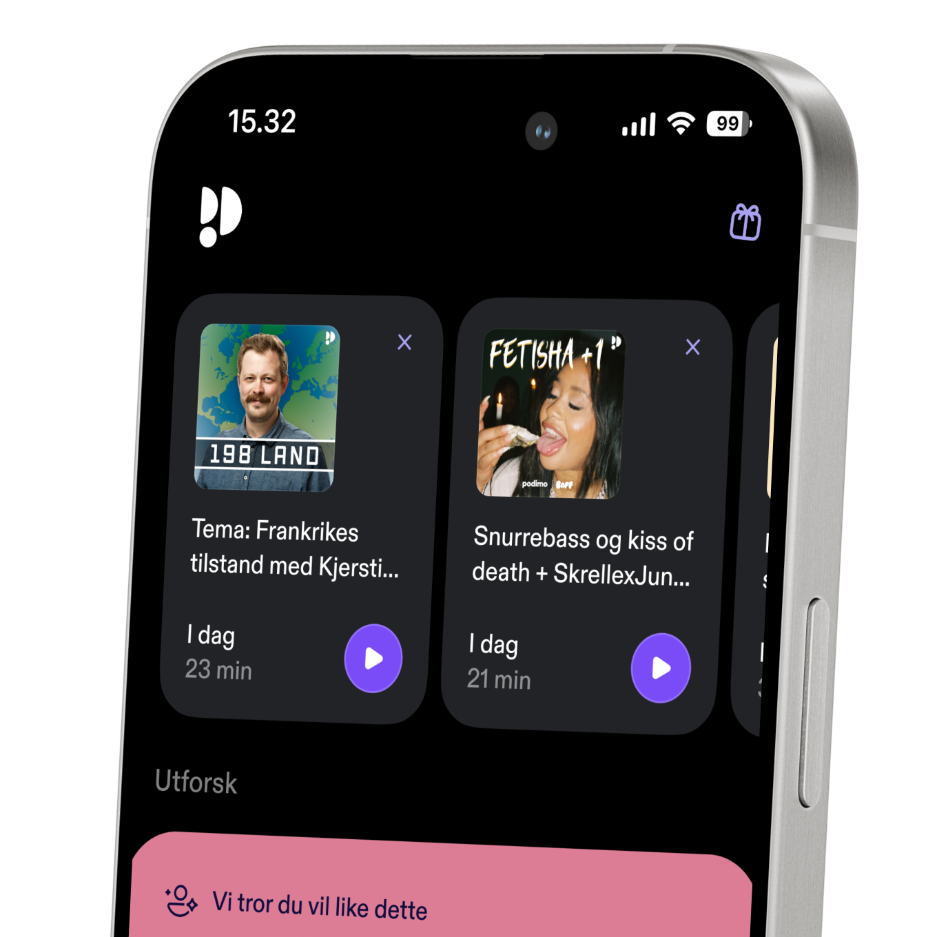 Mobiltelefonskjerm med Podimo-applikasjonen åpen
