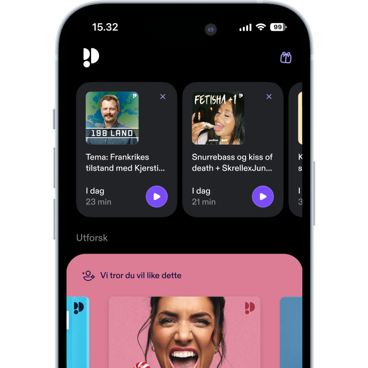 Mobiltelefonskjerm med Podimo-applikasjonen åpen